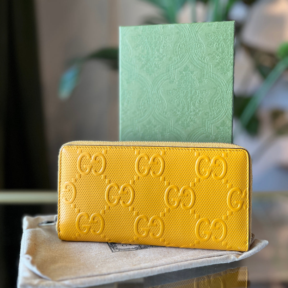 GUCCI GG Yellow Embossed Leather Zip Around Wallet