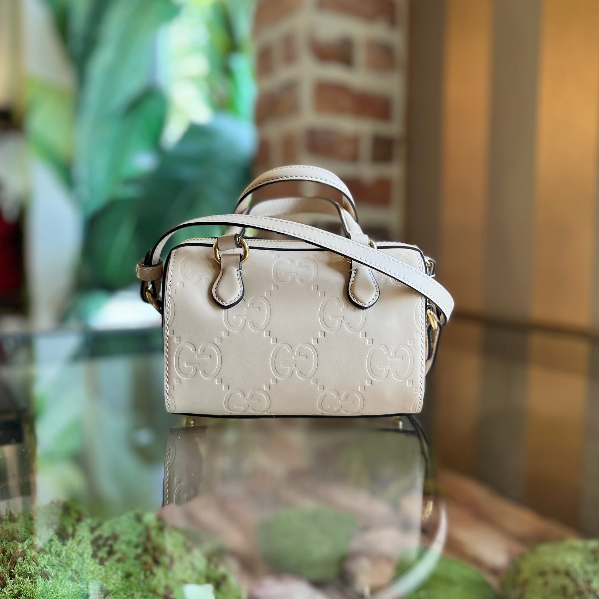 GUCCI Boston Super Mini GG Embossed Leather Satchel Bag