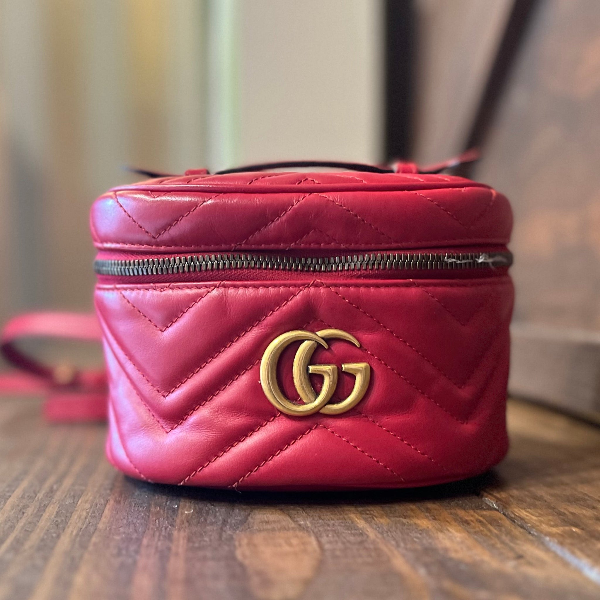 GUCCI Marmont Mini Red Matelassé Leather Top Handle Backpack