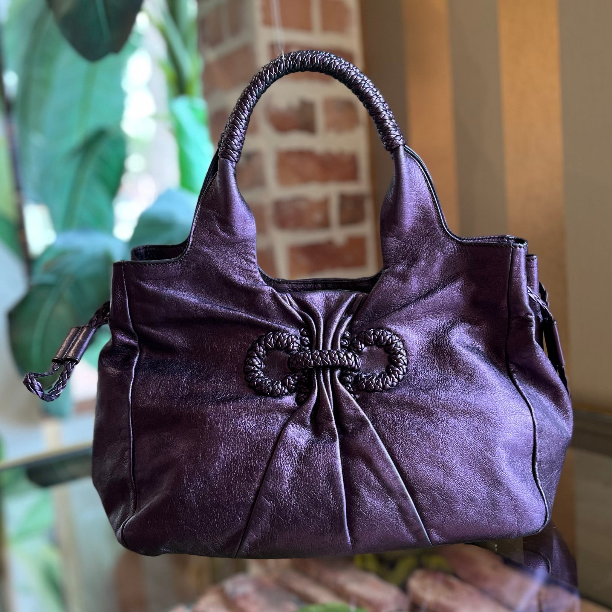 FERRAGAMO Metallic Purple Leather Woven Gancini Hobo Bag