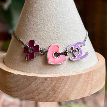 CHANEL CC Clover Heart Silver Enamel Bracelet