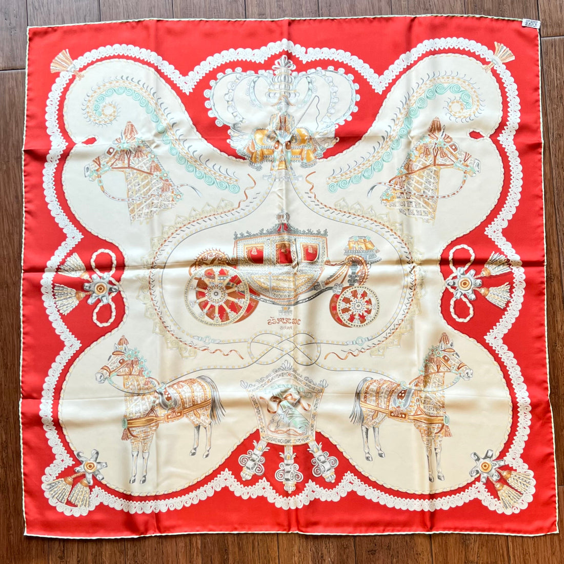 HERMES Paperoles Red Silk Scarf 90