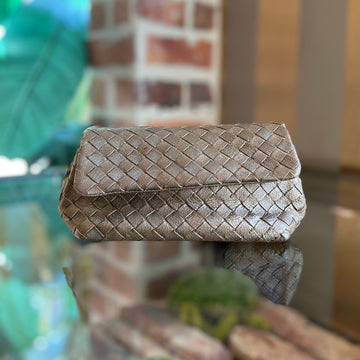 BOTTEGA VENETA Pouch Metallic Beige Intrecciato Leather Woven Clutch