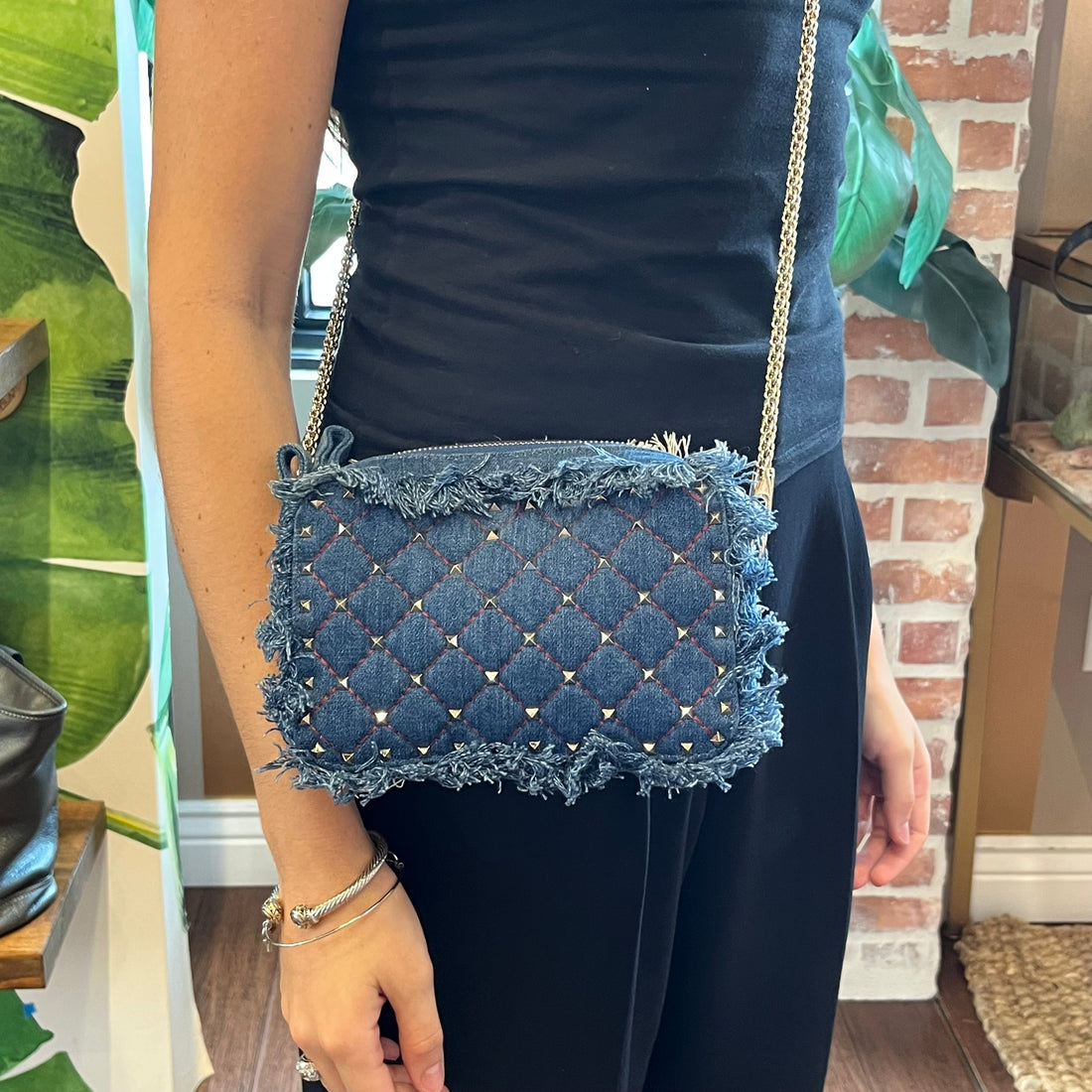 VALENTINO Rockstud Spike Crossbody Blue Denim Fringe Crossbody Bag