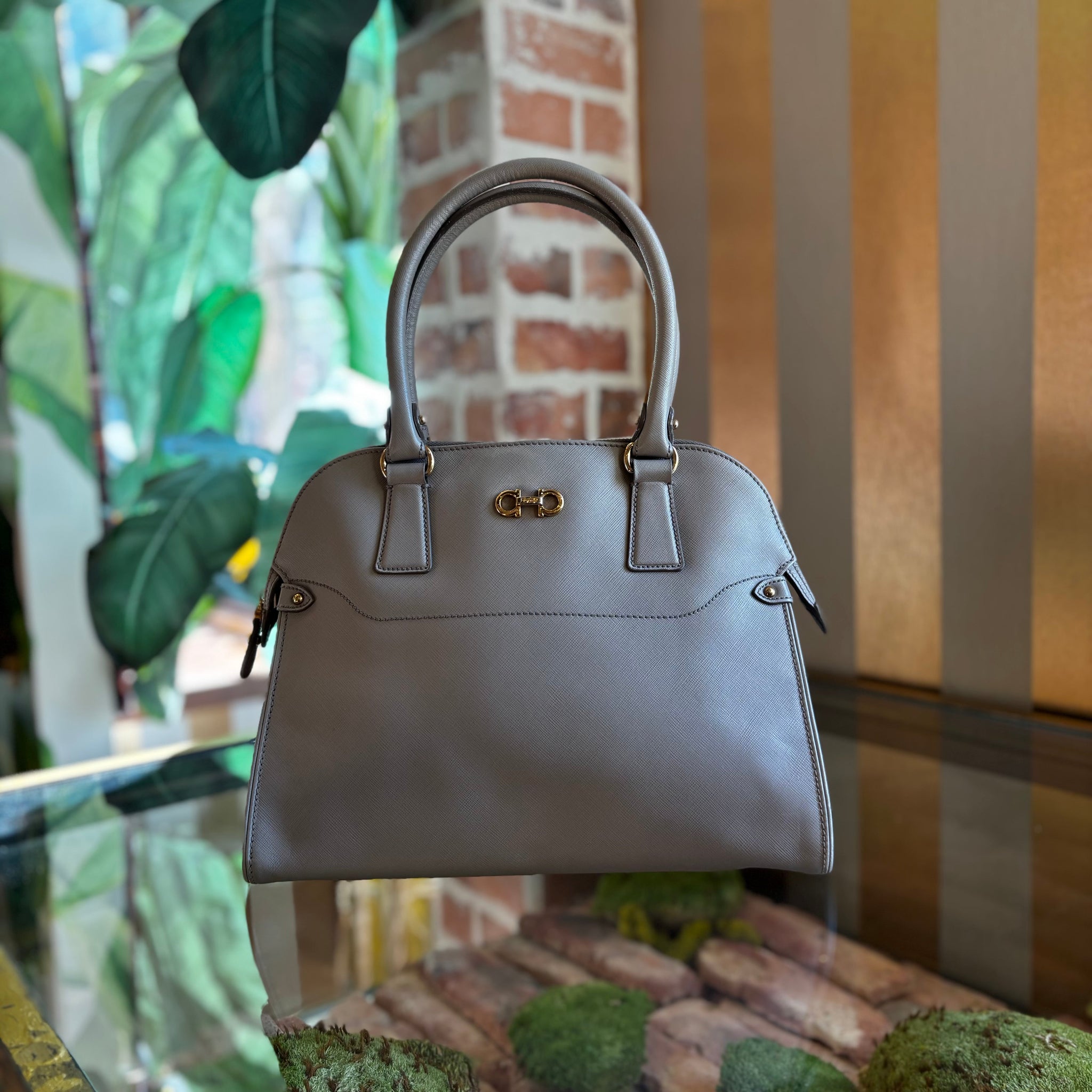 SALVATORE FERRAGAMO Gancini Beige Hammered Leather Satchel