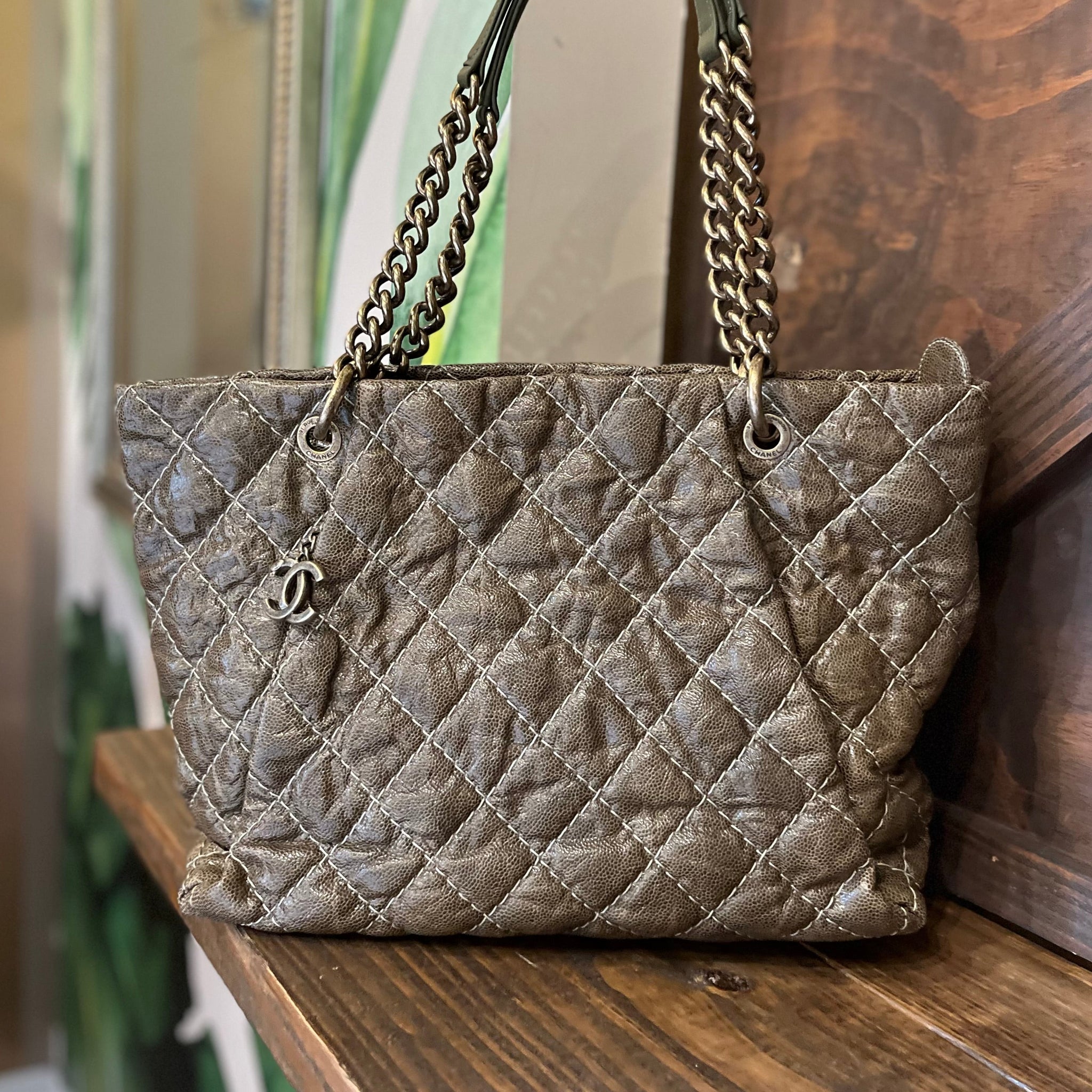 CHANEL Khaki Quilted Glazed Caviar Leather Coco Pleats Tote Bag ADI11206