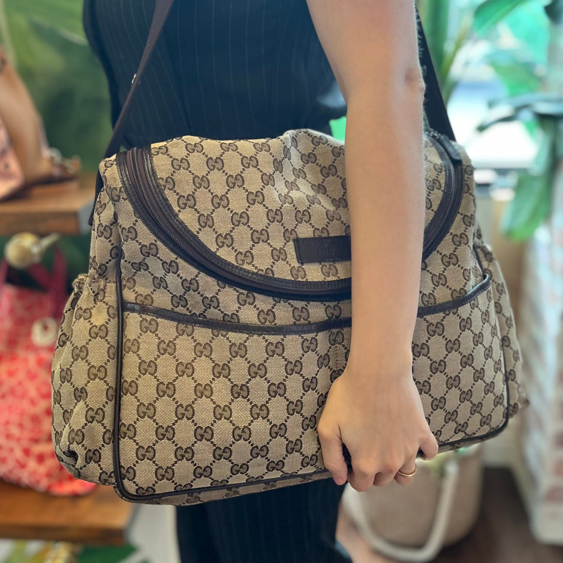 GUCCI Beige Brown GG Canvas Diaper Crossbody Bag