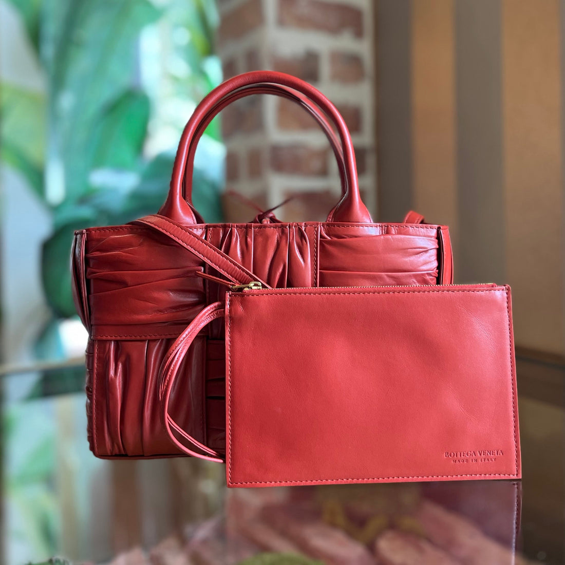 BOTTEGA VENETA Mini Arco Tote Red Foulard Intrecciato Pleated Tote