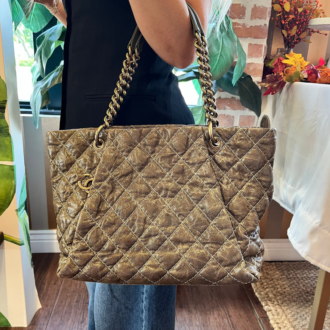 CHANEL Khaki Quilted Glazed Caviar Leather Coco Pleats Tote Bag ADI11206