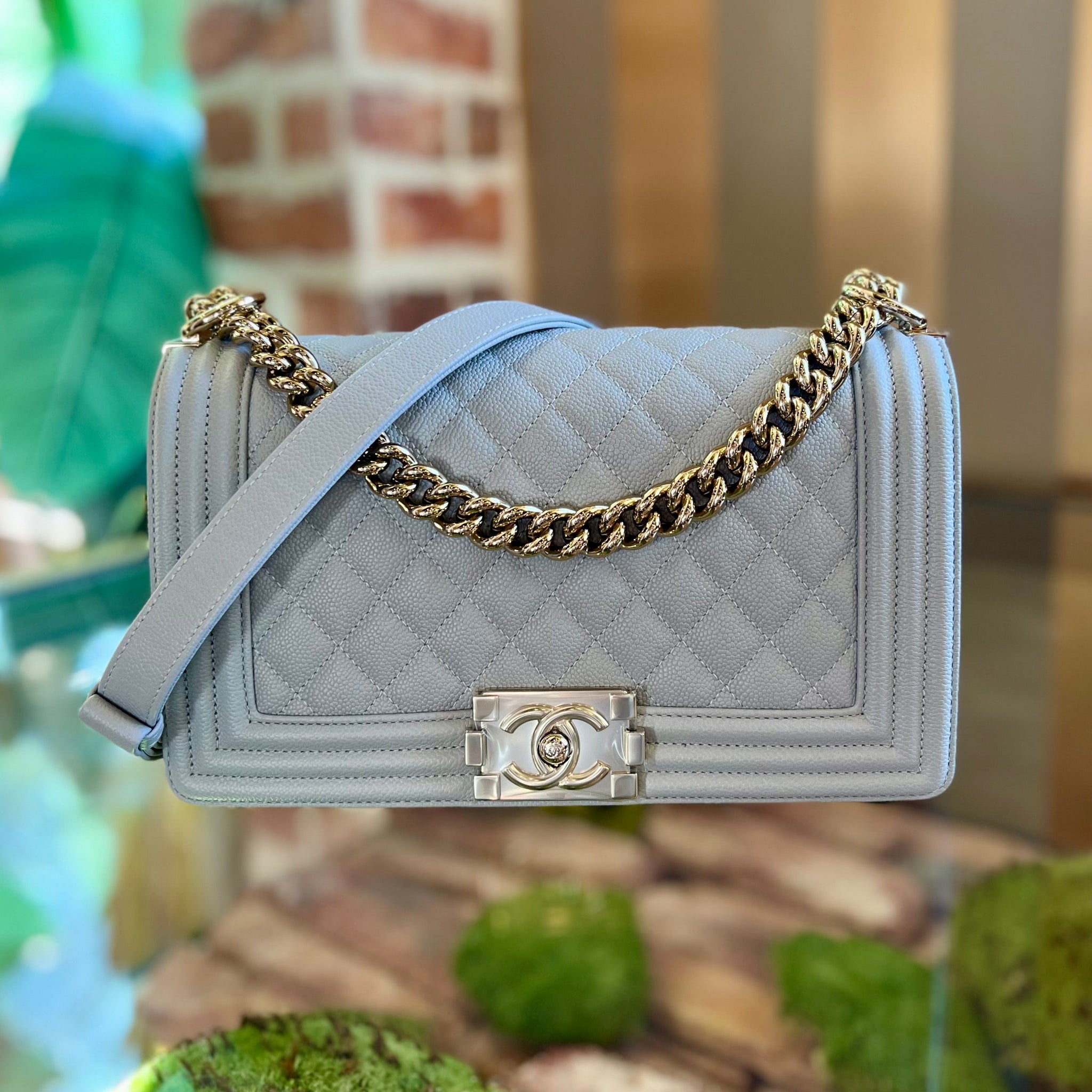 CHANEL Gray Caviar Leather Medium Boy Bag