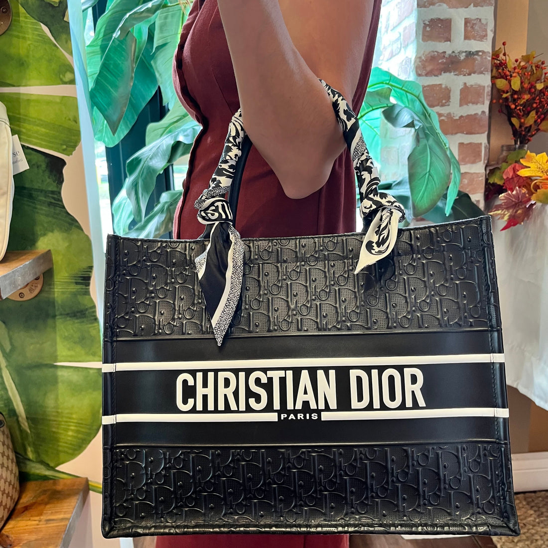CHRSITIAN DIOR Black Embossed Logo Calfskin  Medium Book Tote