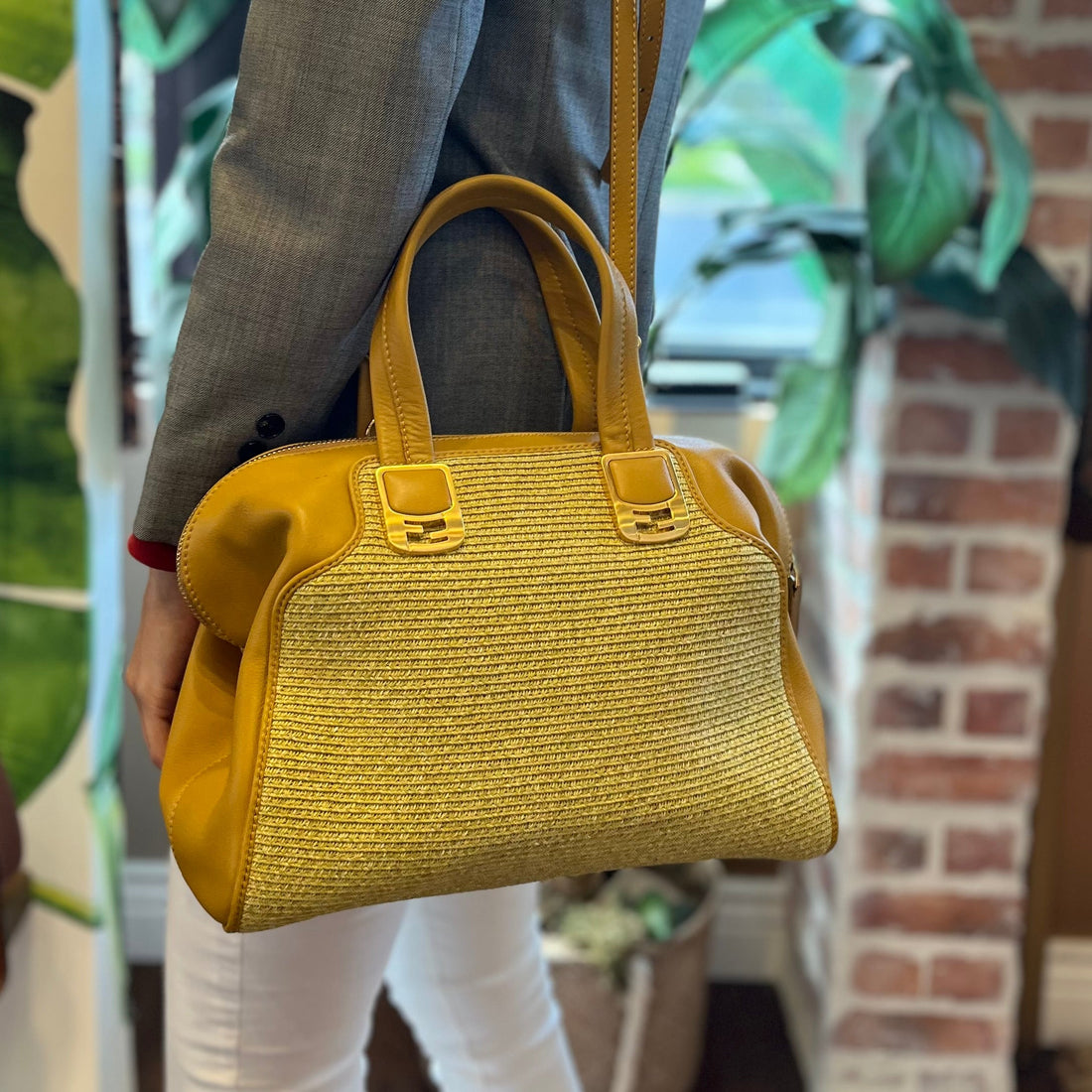 FENDI Chameleon Yellow Woven Raffia Tote