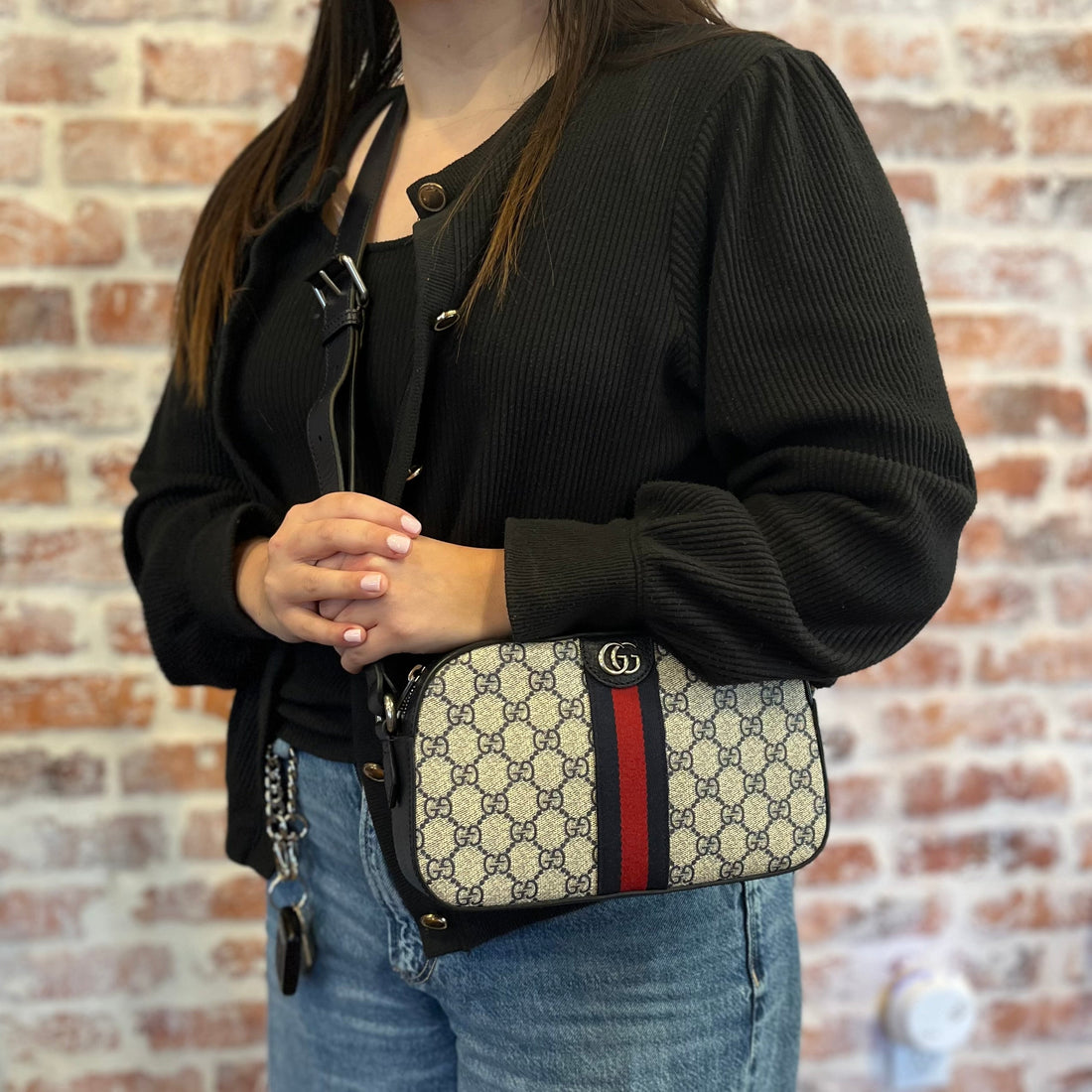 GUCCI Ophidia Camera Navy Blue GG Supreme Canvas Shoulder Bag