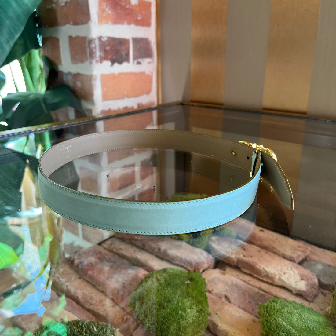 FERRAGAMO Gancini Mint Suede Belt XS
