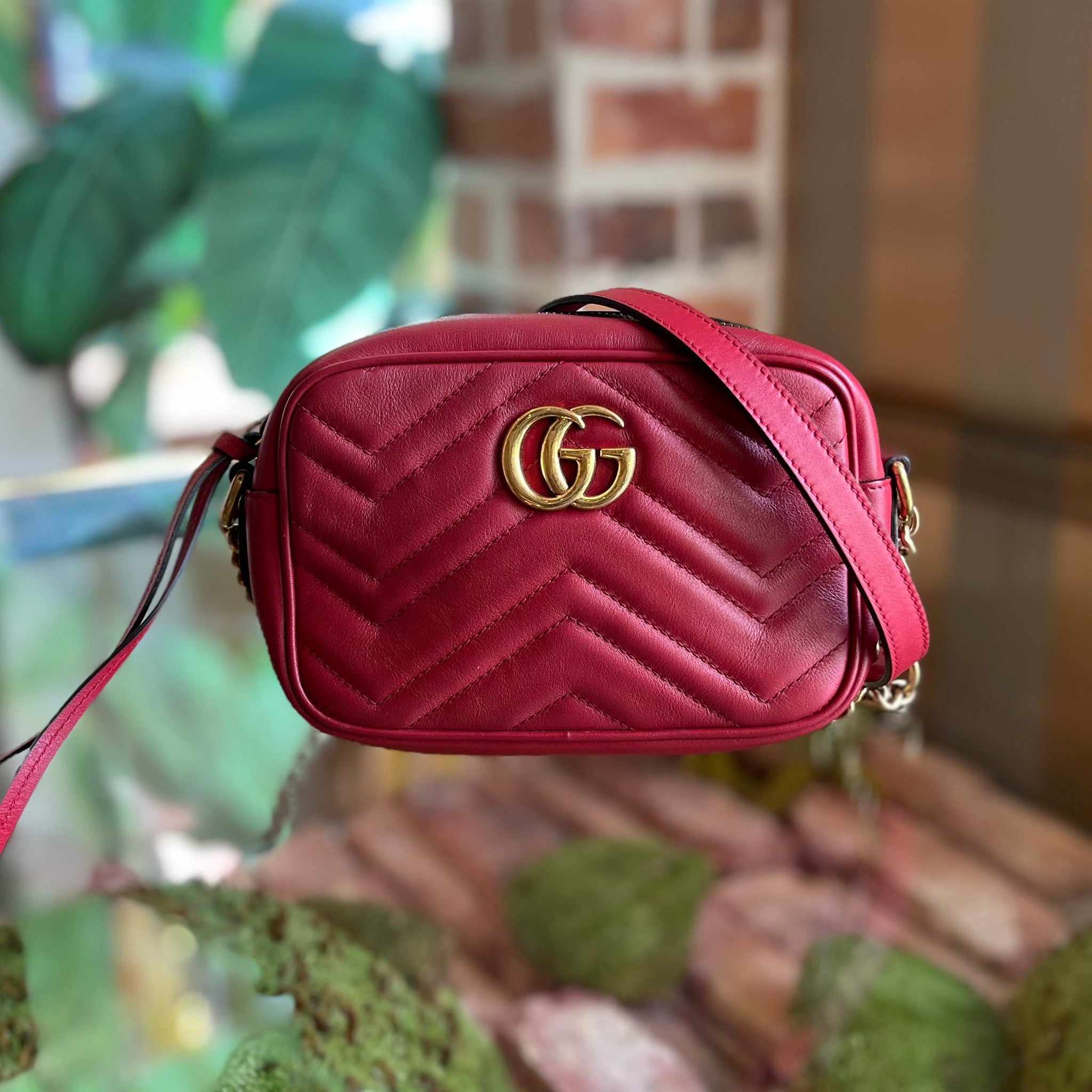 GUCCI GG Marmont Mini Red Calfskin Matelassé Chain Crossbody Bag