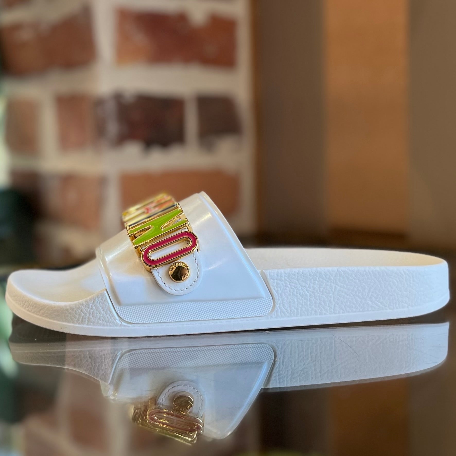 MOSCHINO White Multicolor Rubber Slides SZ 39 (9 US)