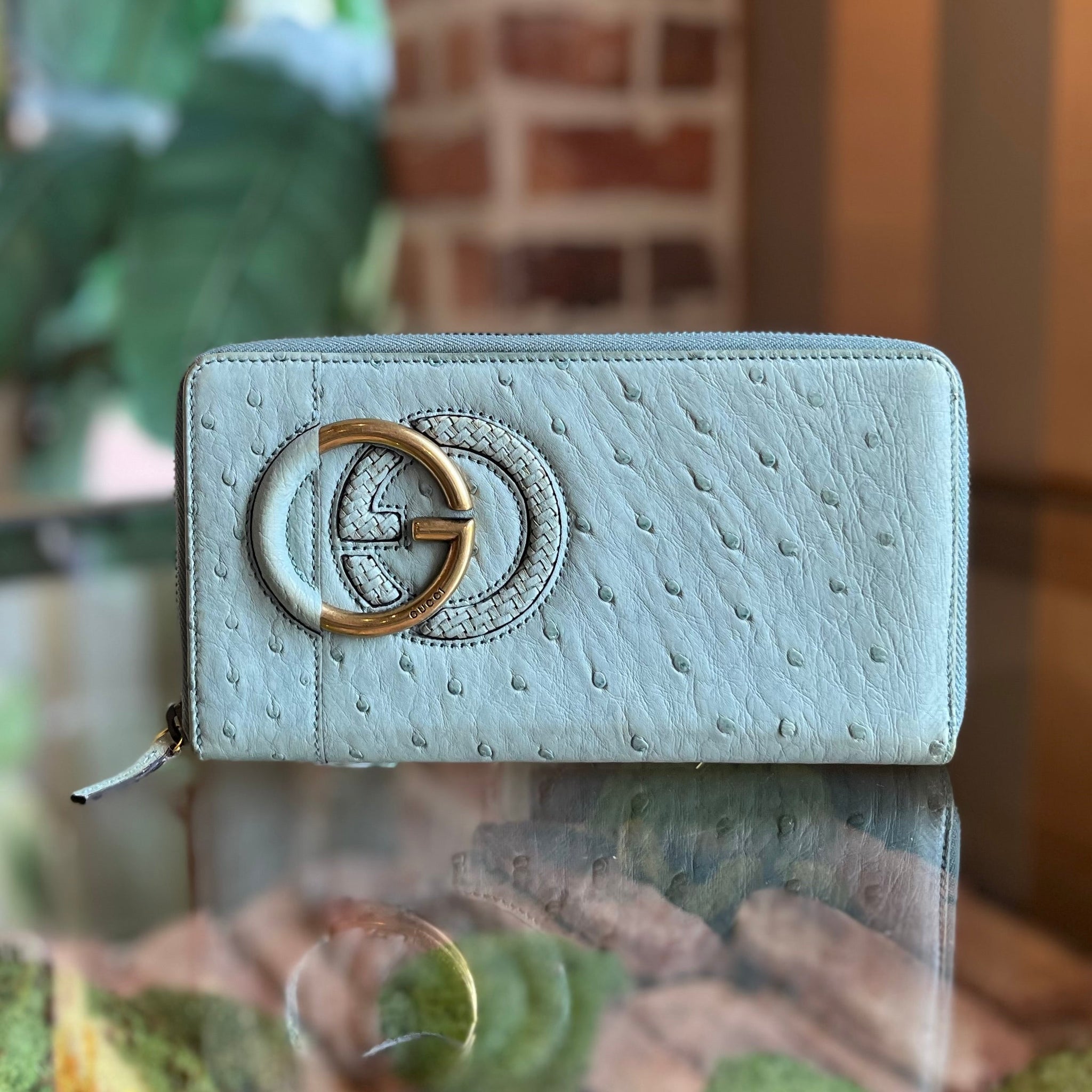 GUCCI Long Zip Organizer Blue Ostrich Interlocking G Wallet