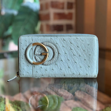 GUCCI Long Zip Organizer Blue Ostrich Interlocking G Wallet