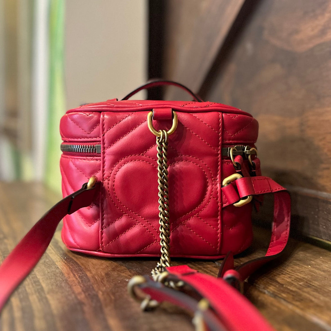 GUCCI Marmont Mini Red Matelassé Leather Top Handle Backpack