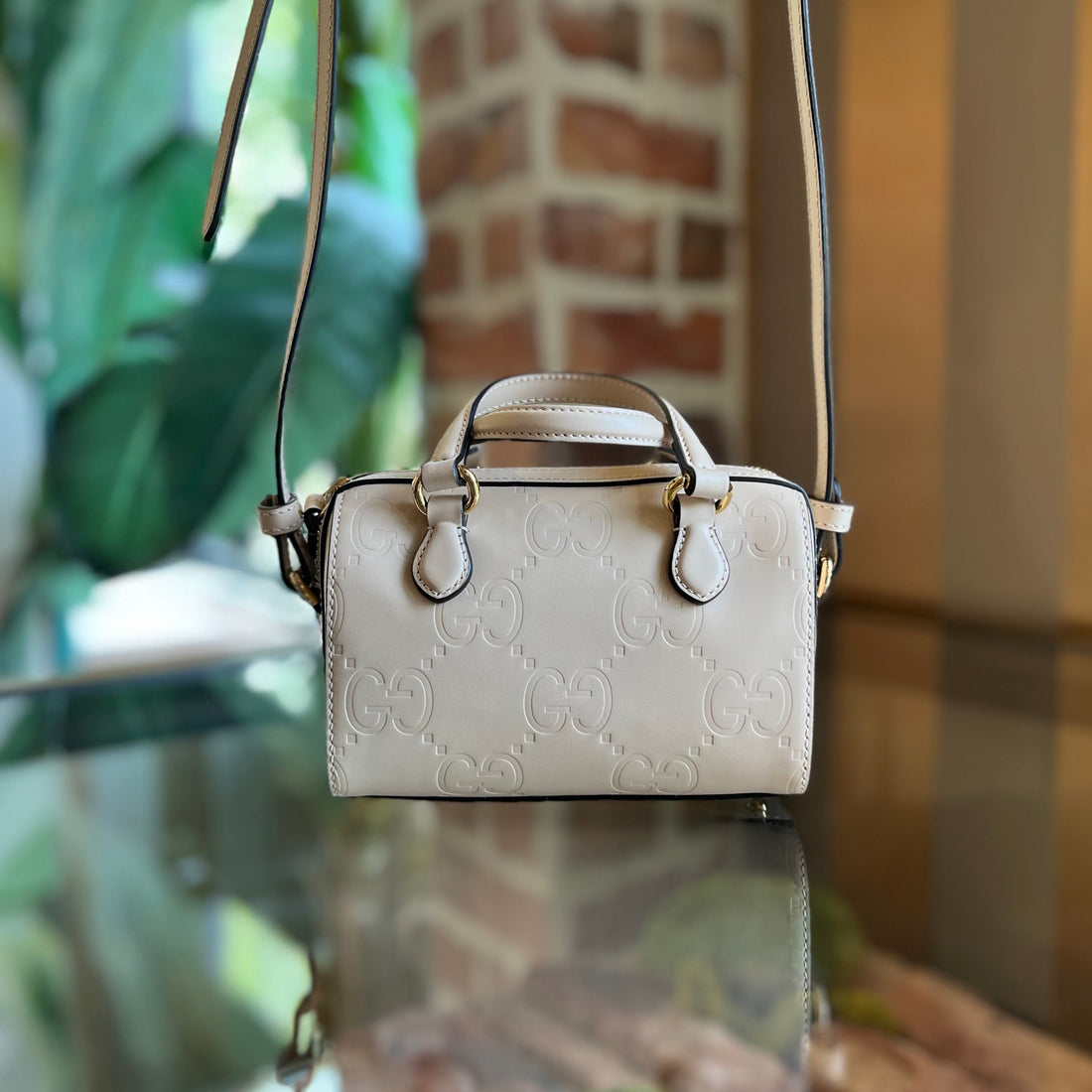 GUCCI Boston Super Mini GG Embossed Leather Satchel Bag