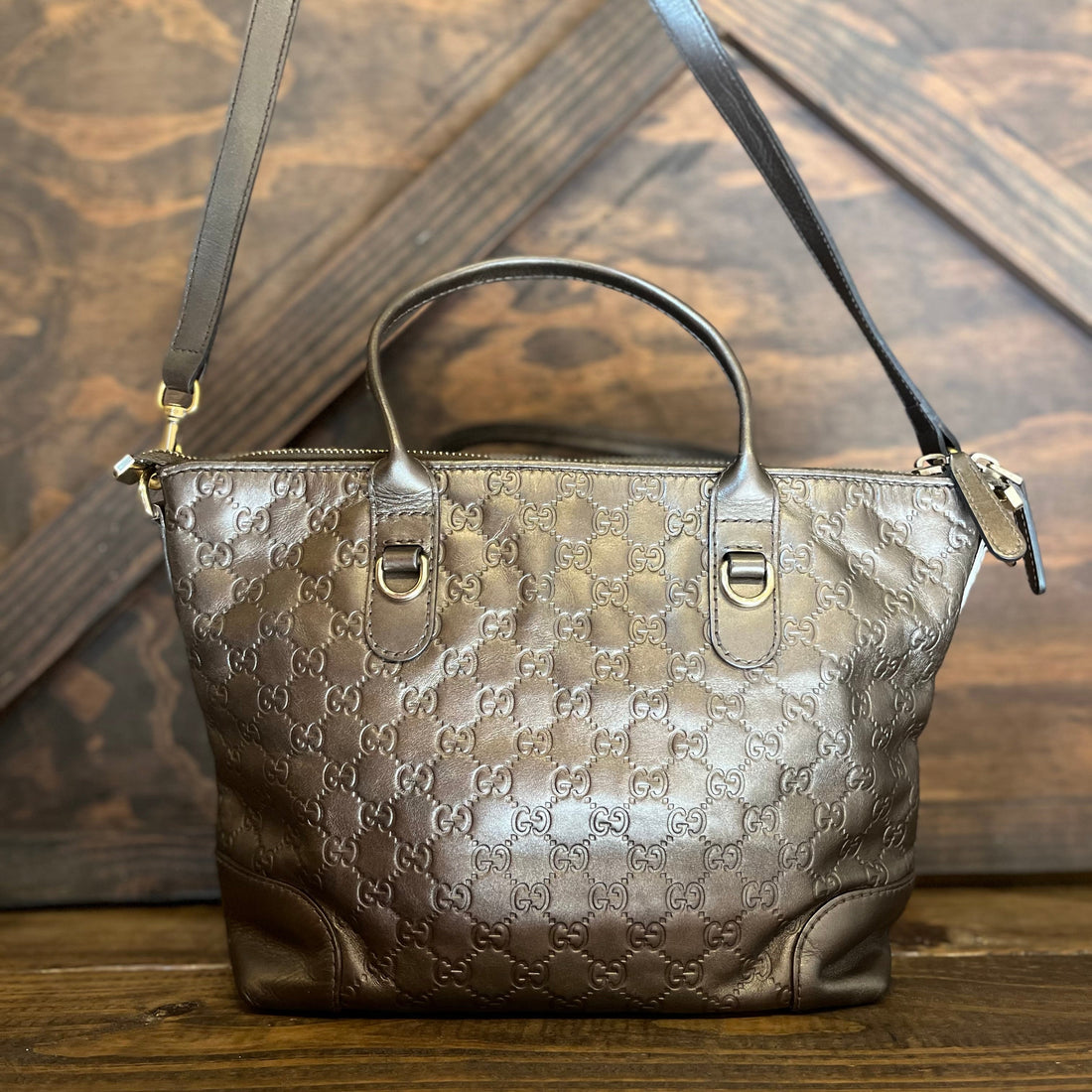 GUCCI Heart-Bit Brown Metallic Guccissima Leather Tote