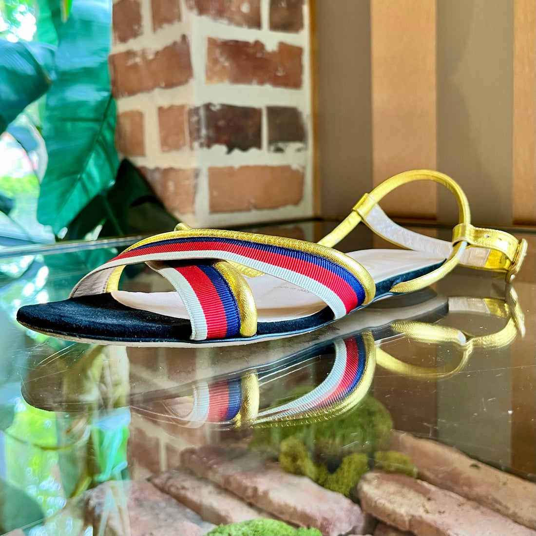 GUCCI Sylvie Web Metallic Nappa Sandals SZ38(8US)