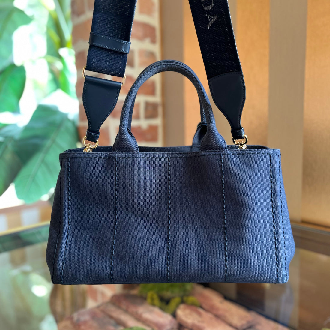 PRADA Jardinière Large Navy Blue Cotton Canvas Tote