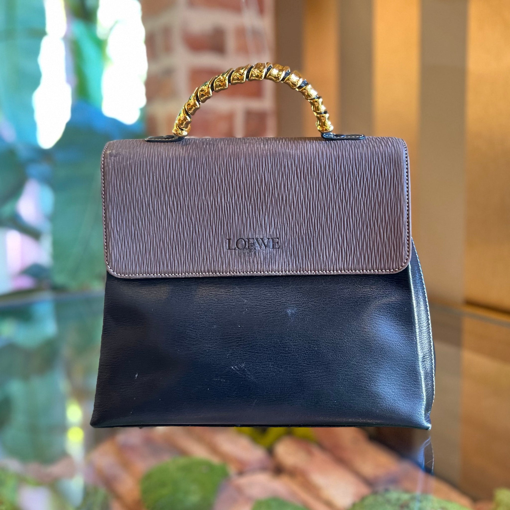 LOEWE Velazquez Black Handbag with Gold Top Handle