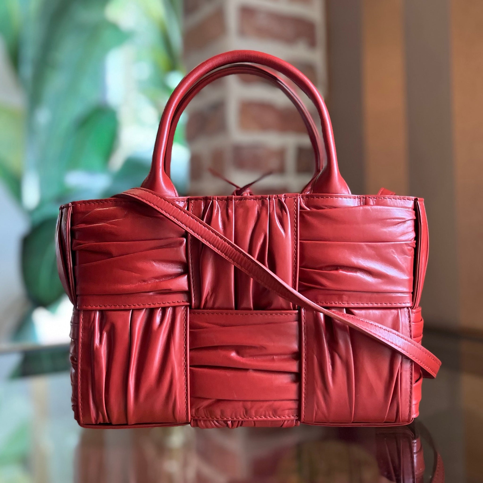 BOTTEGA VENETA Mini Arco Tote Red Foulard Intrecciato Pleated Tote