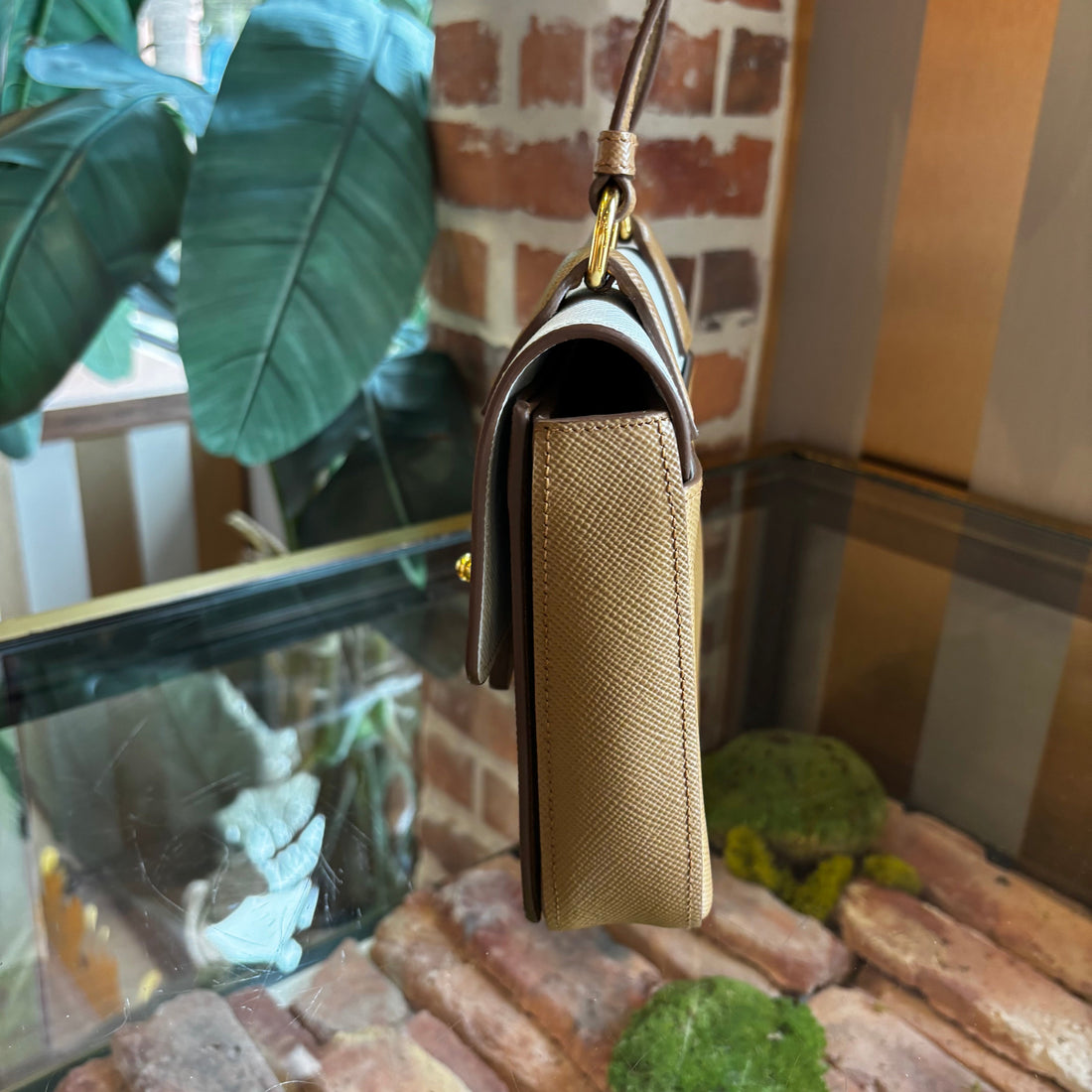 PRADA Saffiano Pattina Caramel Talco Crossbody