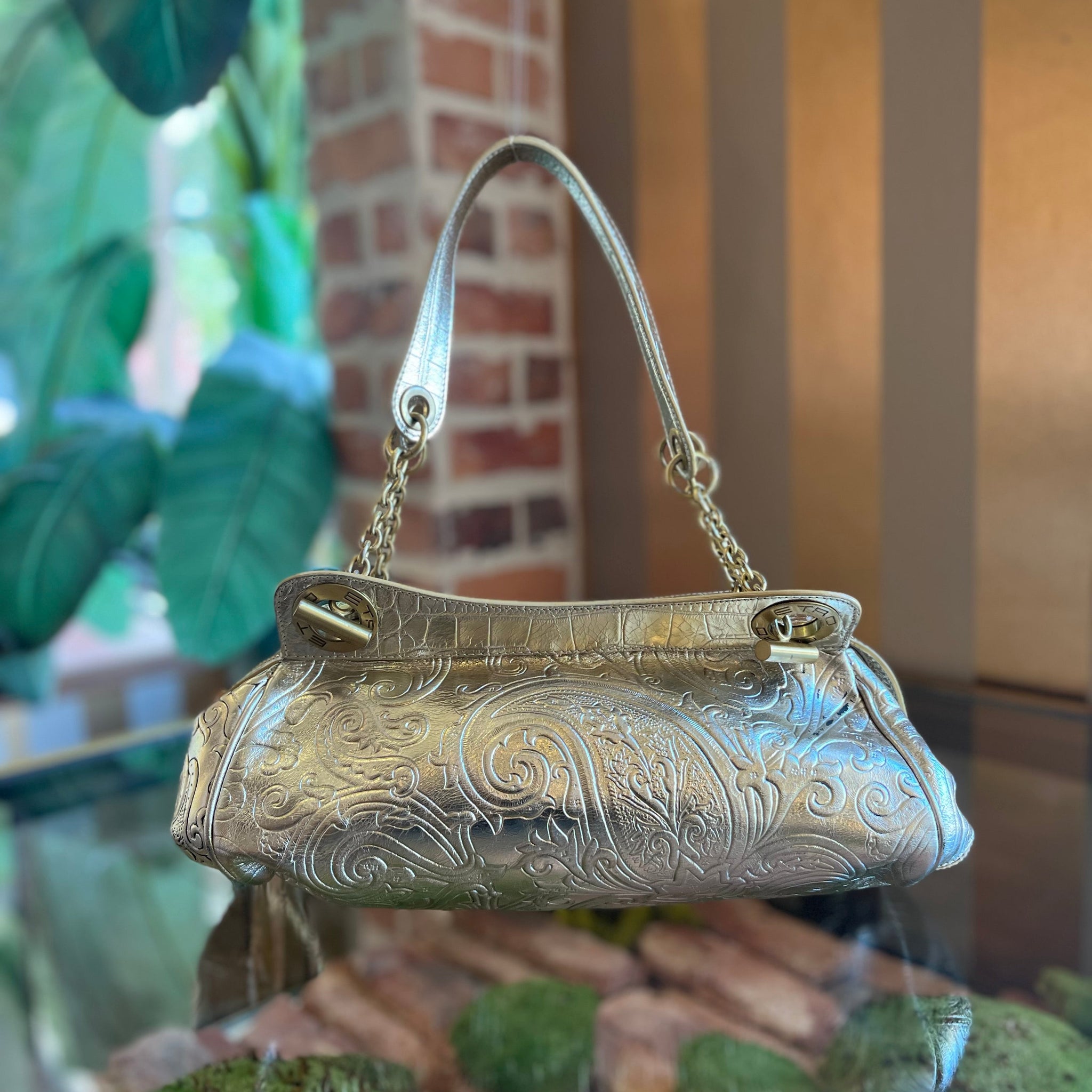 ETRO Paisley Gold Embossed Leather Shoulder Bag