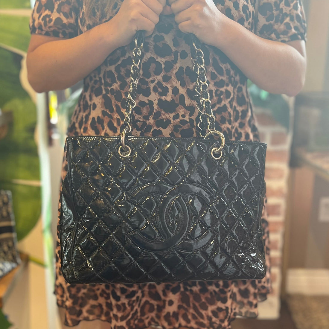 CHANEL GST Grand Shopper Black Patent Leather Quilted Tote