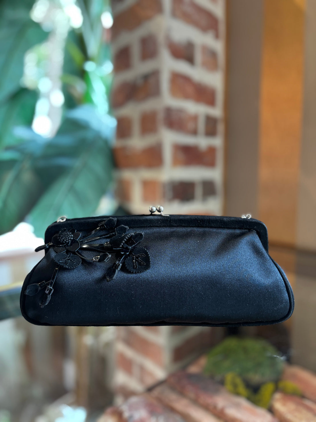 PRADA Black Satin Floral Applique Frame Evening Bag