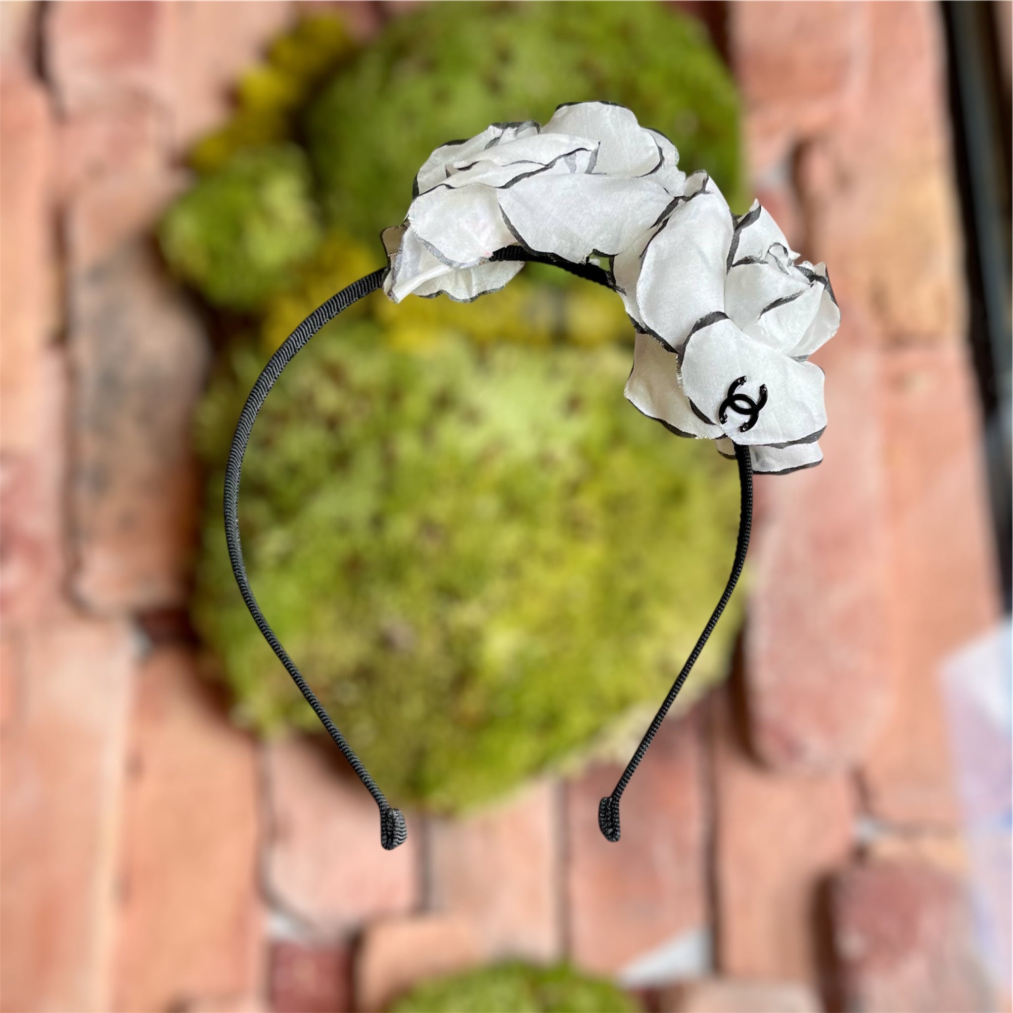 CHANEL Camellia CC Black White Fabric Headband