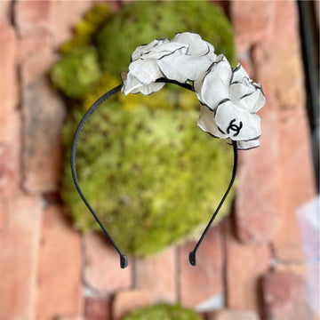 CHANEL Camellia CC Black White Fabric Headband