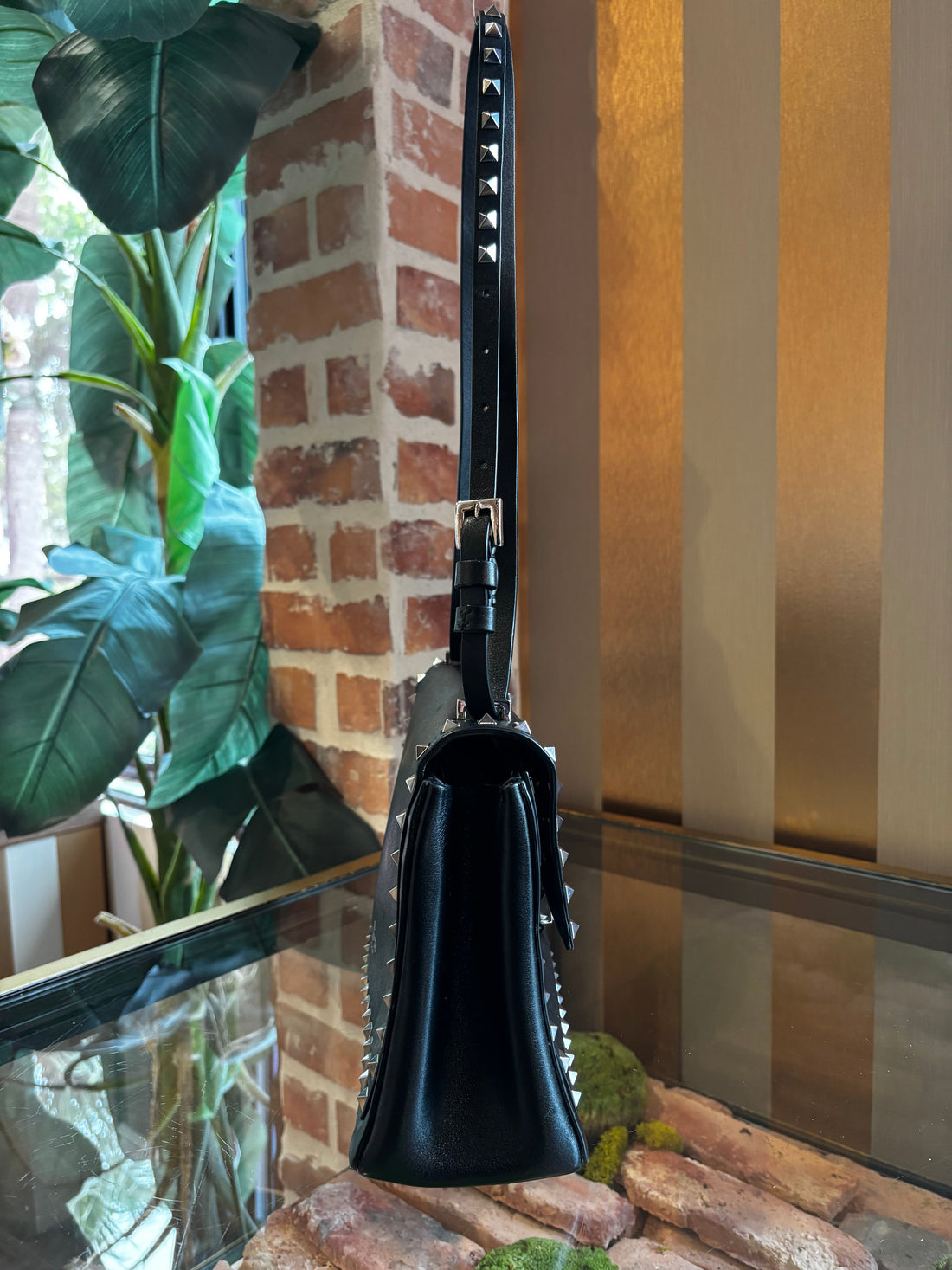 VALENTINO Black Vitello Rockstud Flap Shoulder Bag