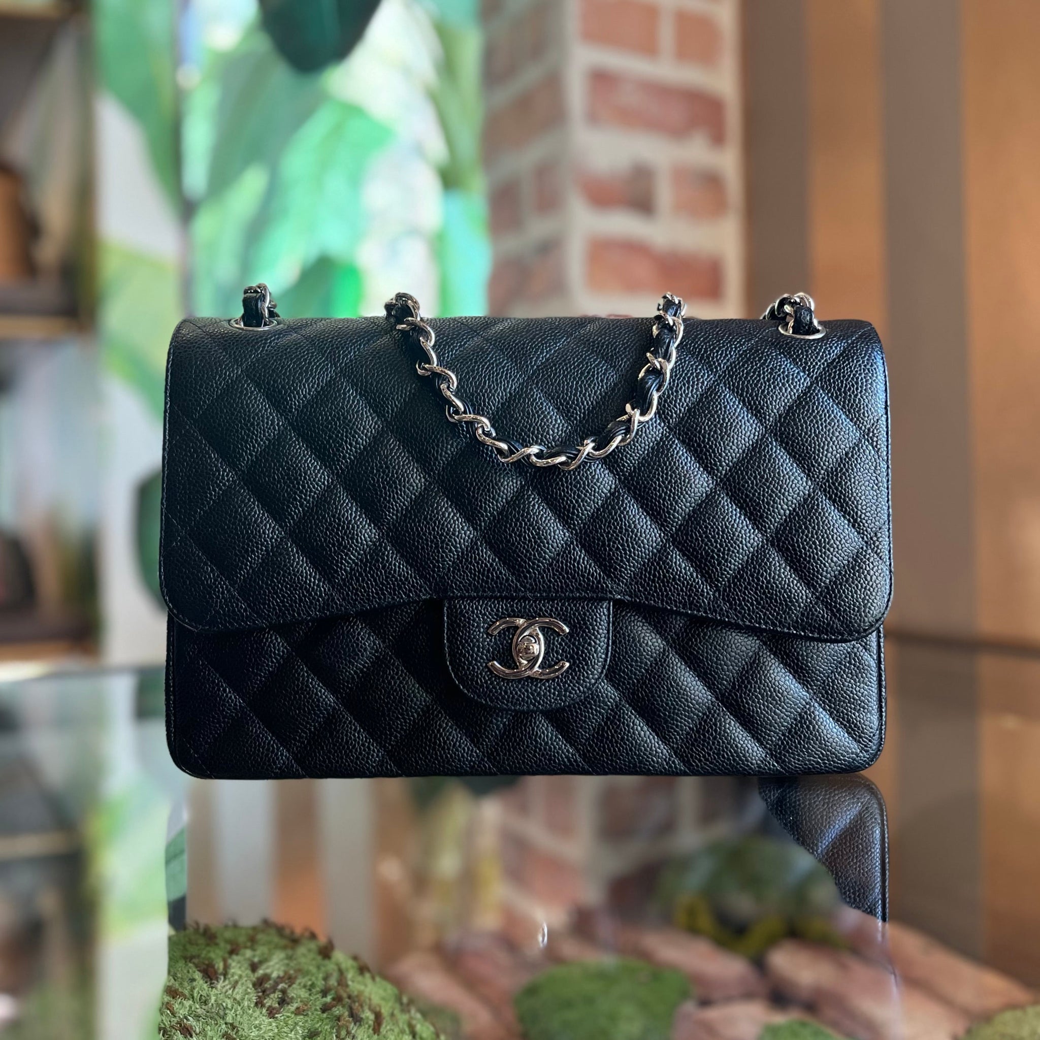 CHANEL Double Flap Jumbo Black Caviar Leather Shoulder Bag