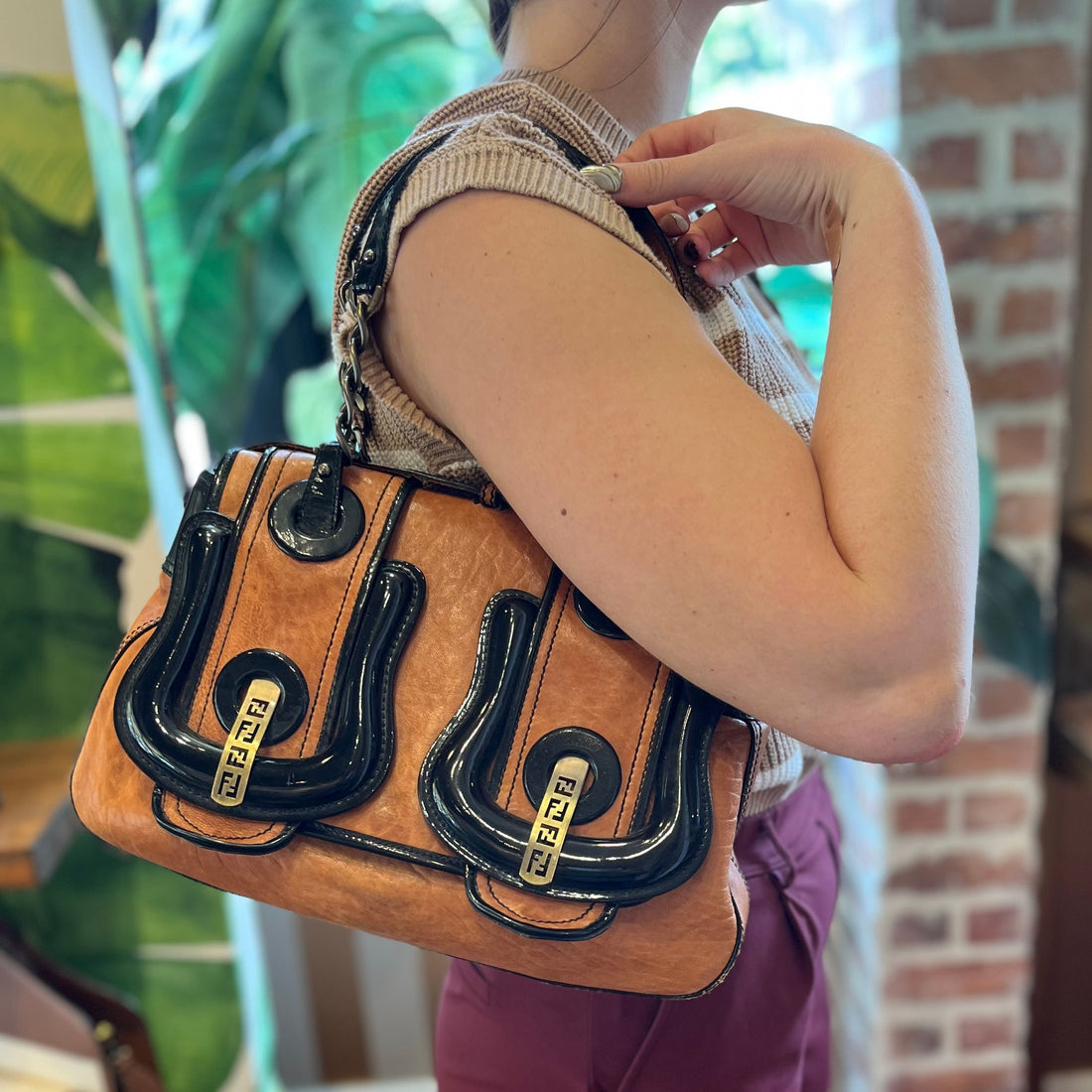 FENDI B Bag Osso Tan Nappa Patent Shoulder Bag