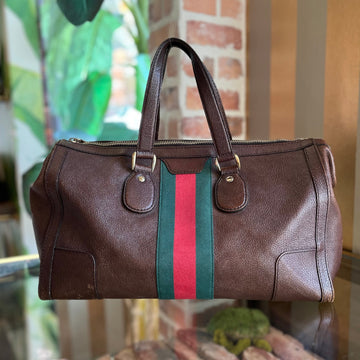 GUCCI Signature Web Seventies Medium Brown Leather Satchel Bag