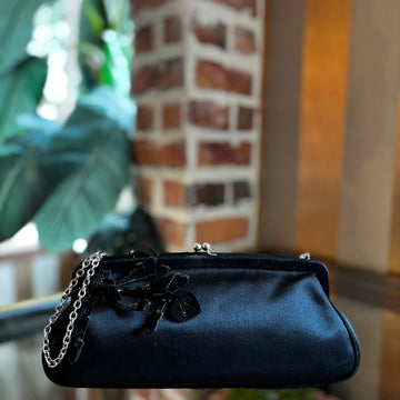 PRADA Black Satin Floral Applique Frame Evening Bag
