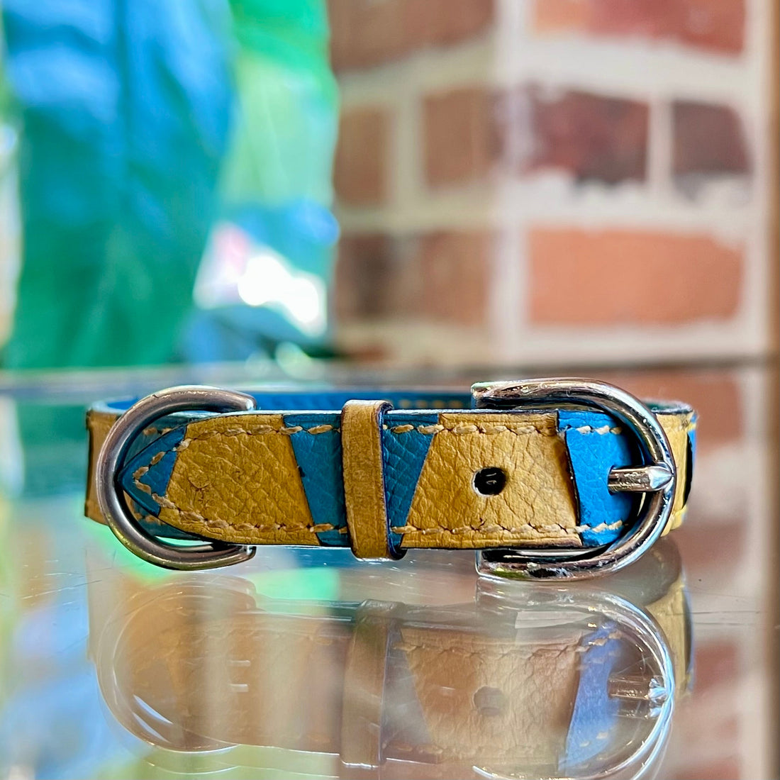 HERMES Blue Jean Jaune Sable Epsom Leather Dog Collar