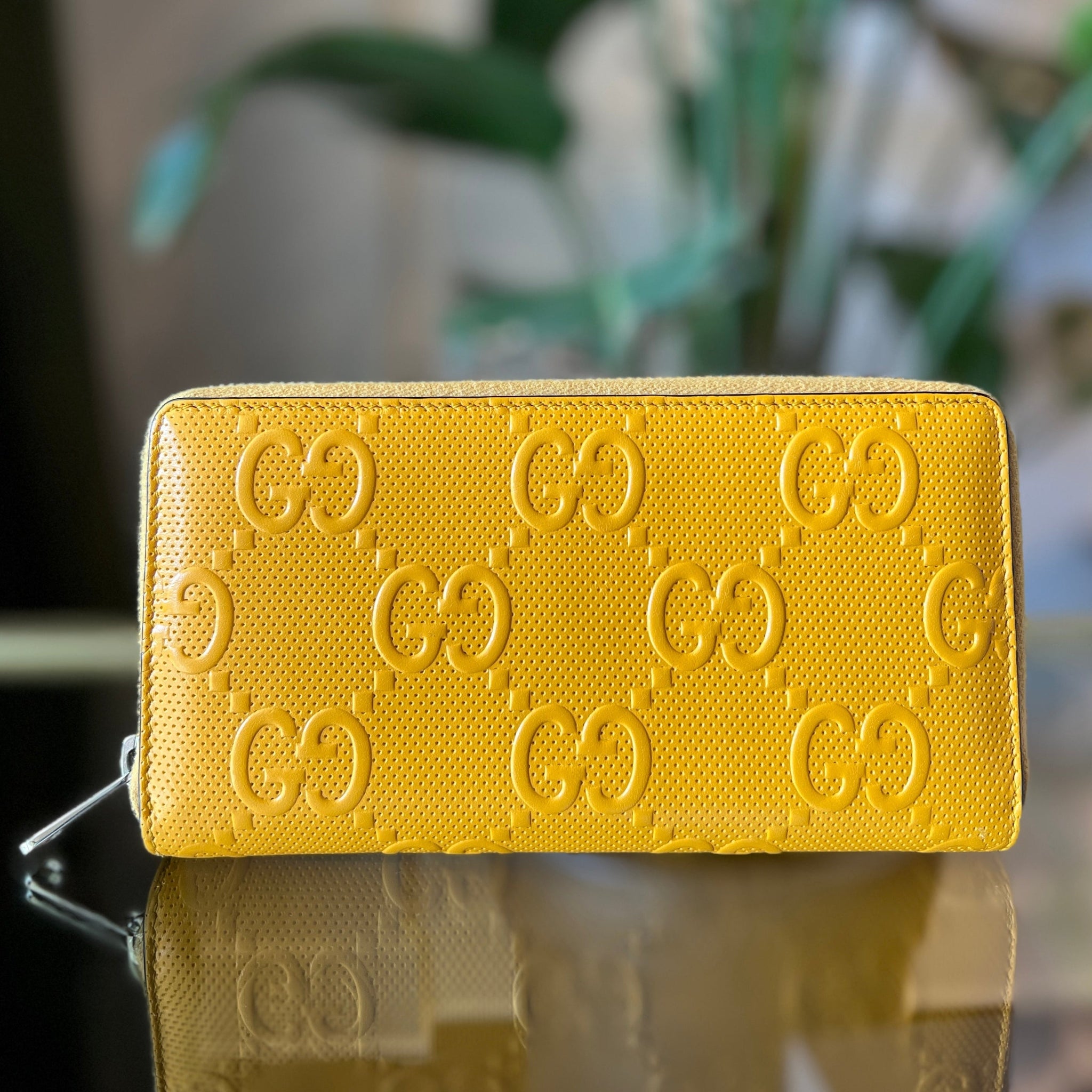 GUCCI GG Yellow Embossed Leather Zip Around Wallet