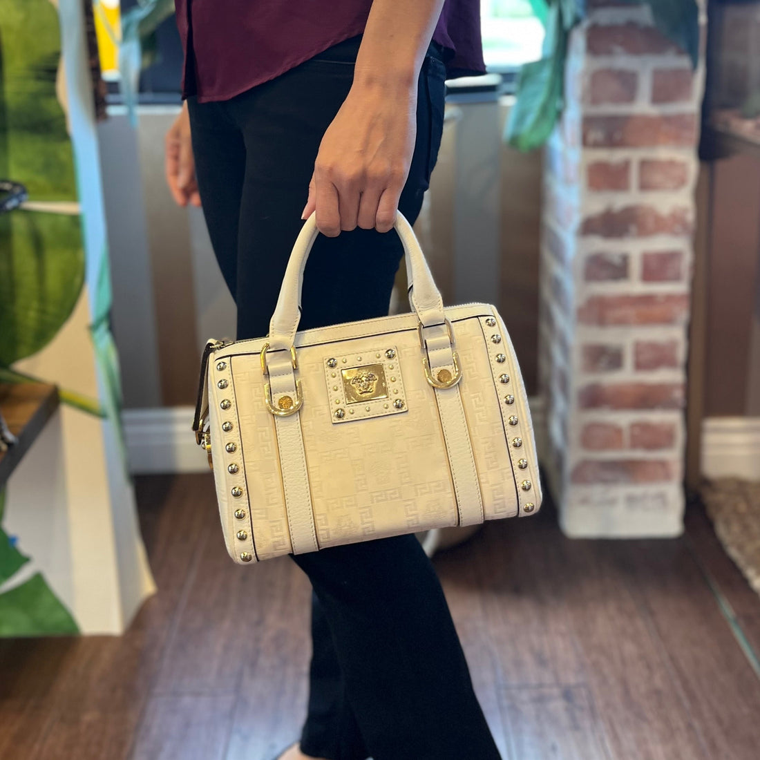 VERSACE Boston White Logo Jacquard Canvas Studded Satchel Bag