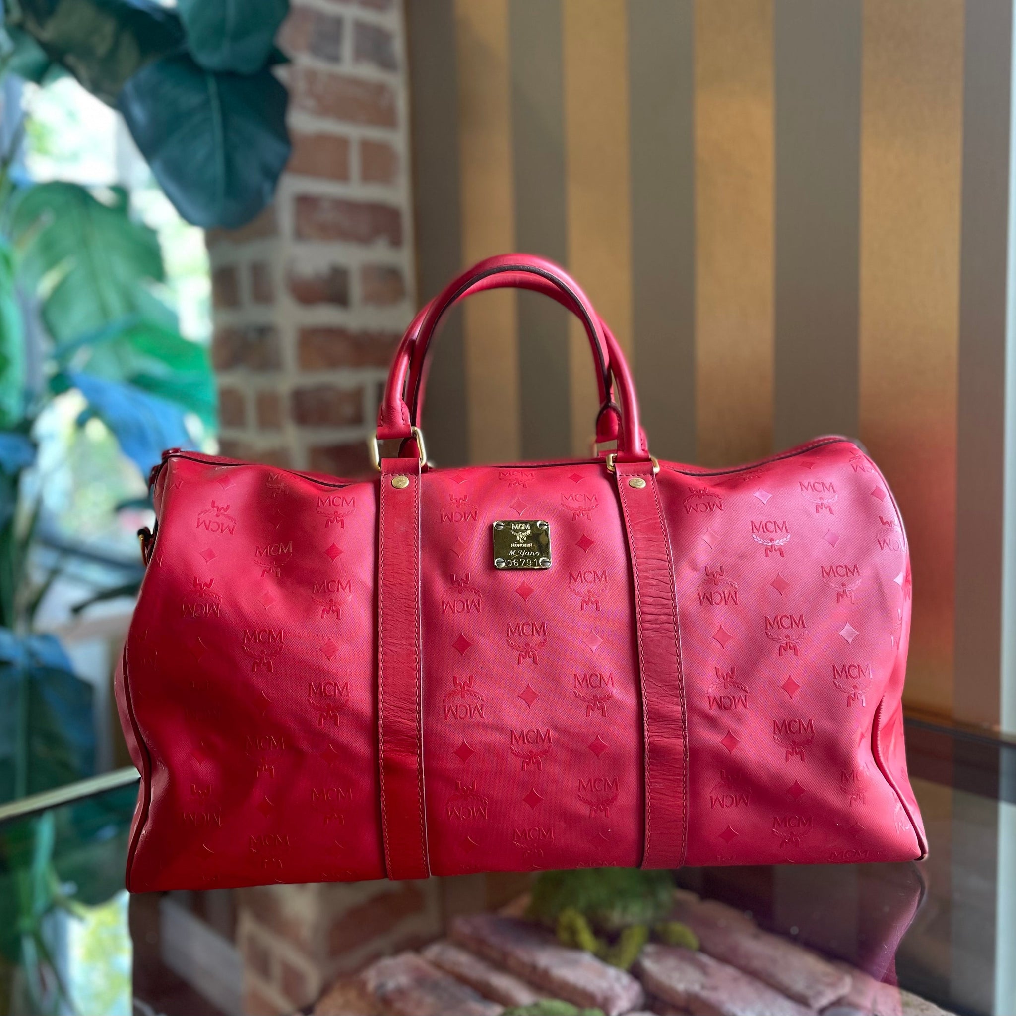 MCM Red Nylon Visetos Boston bag