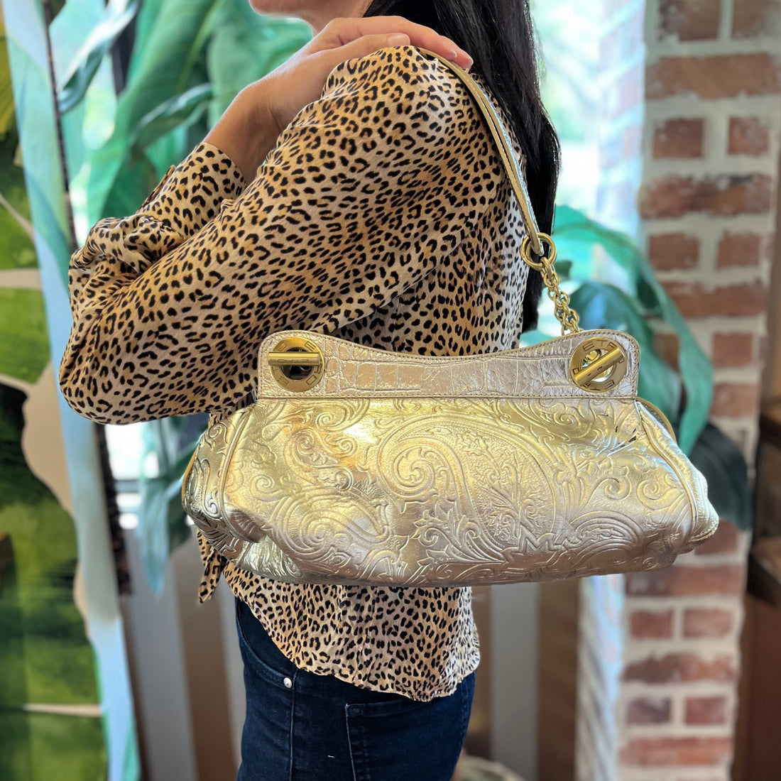 ETRO Paisley Gold Embossed Leather Shoulder Bag