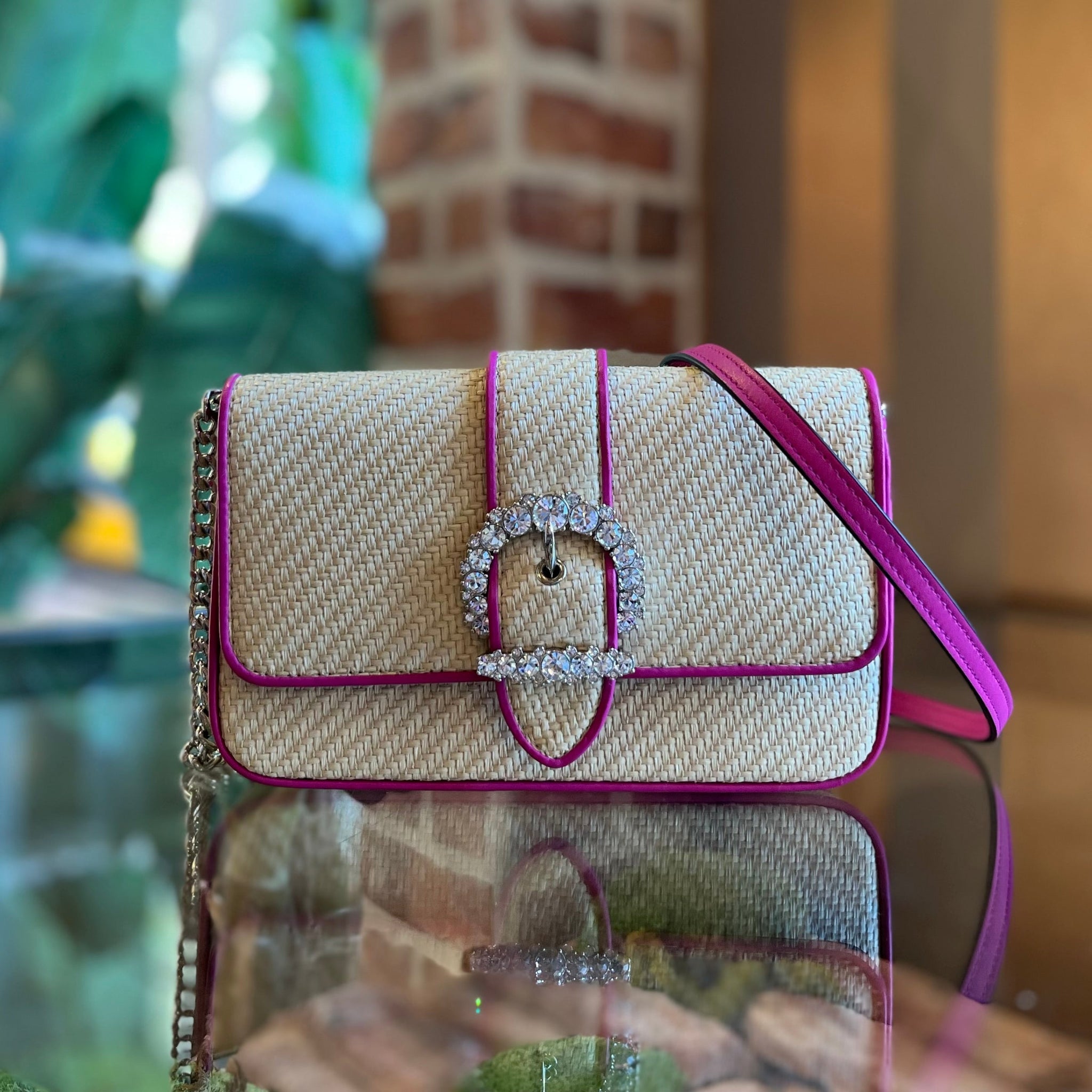 JIMMY CHOO Raffia Leather Trim Crossbody Bag