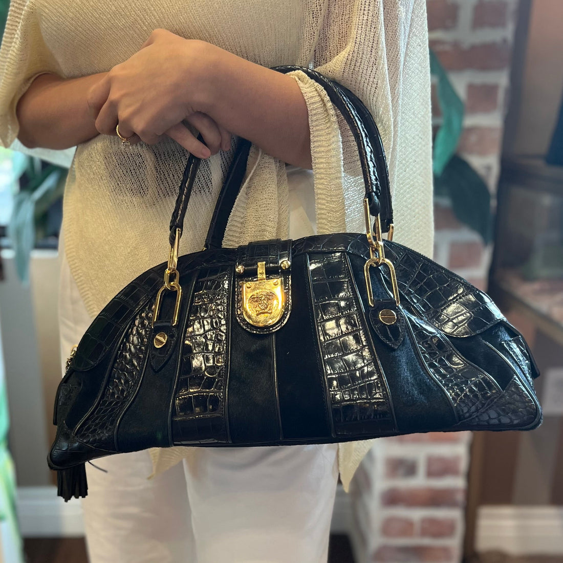 VERSACE Black Pony Hair Croc Embossed Suede Leather Dome Satchel