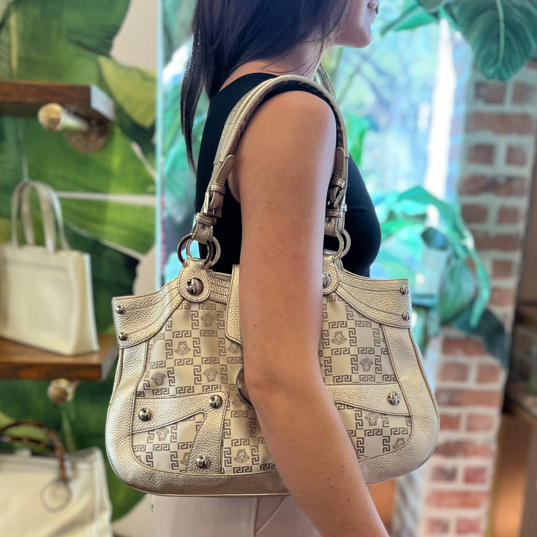 VERSACE Medusa Gold Champagne Jacquard Canvas Shoulder Bag