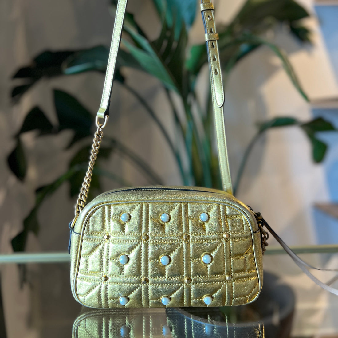 GUCCI Pearly GG Marmont Gold Small Shoulder Bag