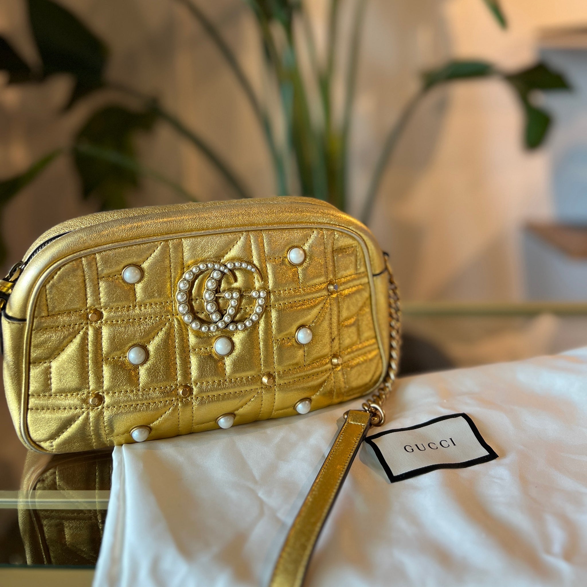 GUCCI Pearly GG Marmont Gold Small Shoulder Bag